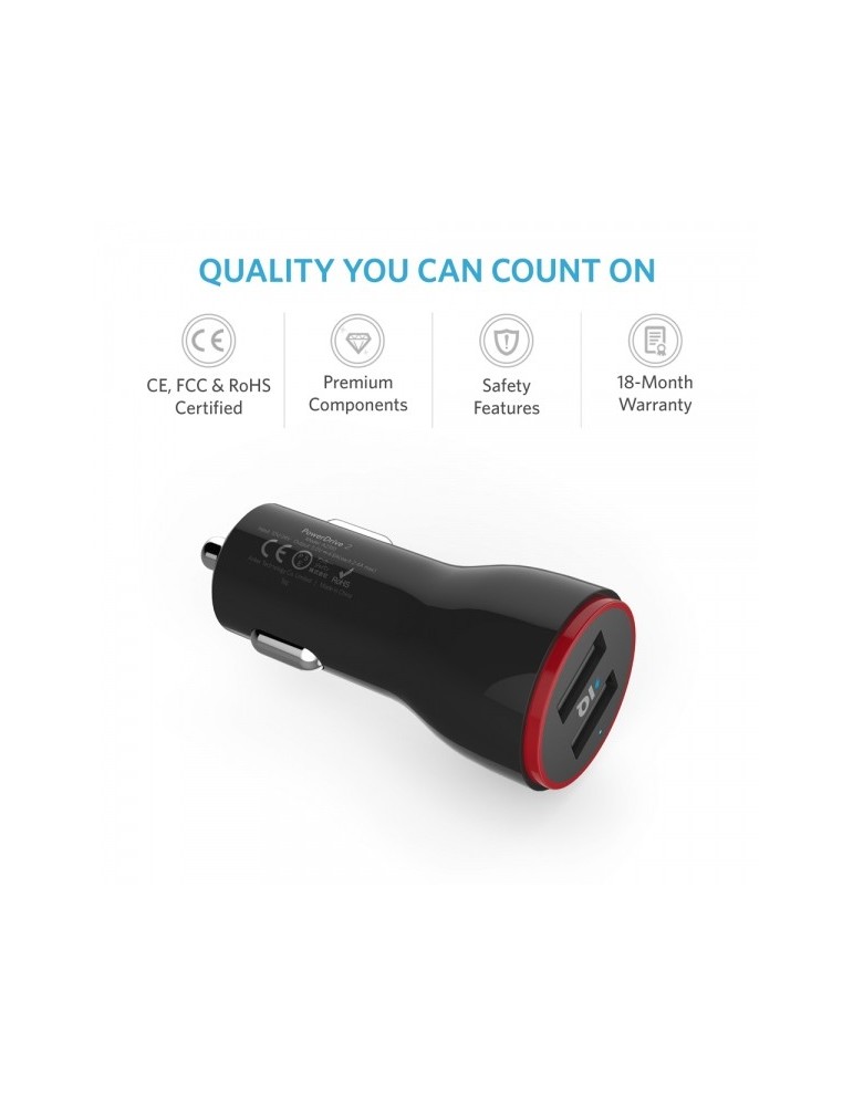 Anker USB Car Charger PowerDrive 2 (24W / 4.8A, 2 Ports) [Black]