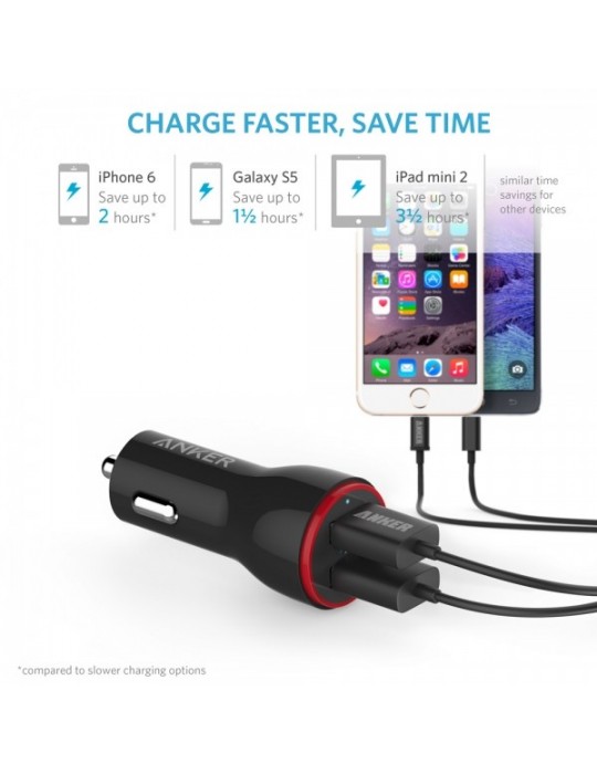 Anker USB Car Charger PowerDrive 2 (24W / 4.8A, 2 Ports) for [iPhone 6 / 6 Plus, iPad Air 2 / mini 3, Galaxy S6 / S6 Edge]